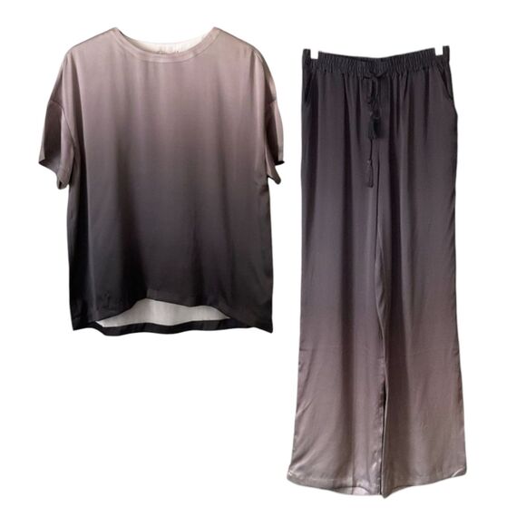 Badgley Mischka Pj's Set Black Ombre Washable Mulberry Silk Top Pants XS/M NWT - Picture 1 of 11